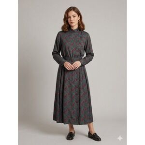 Talbots Paisley Midi Dress‎ Womens 4P Red Green Belted Pleated Mock Neck Vintage